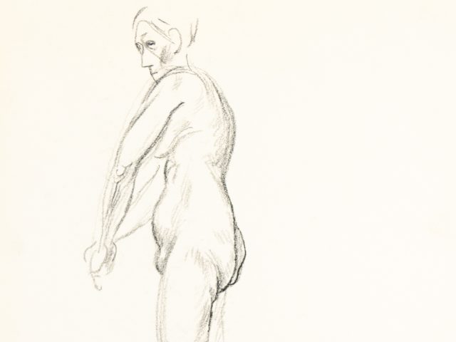 This is a sketch of a posed nude woman standing with heels on.
