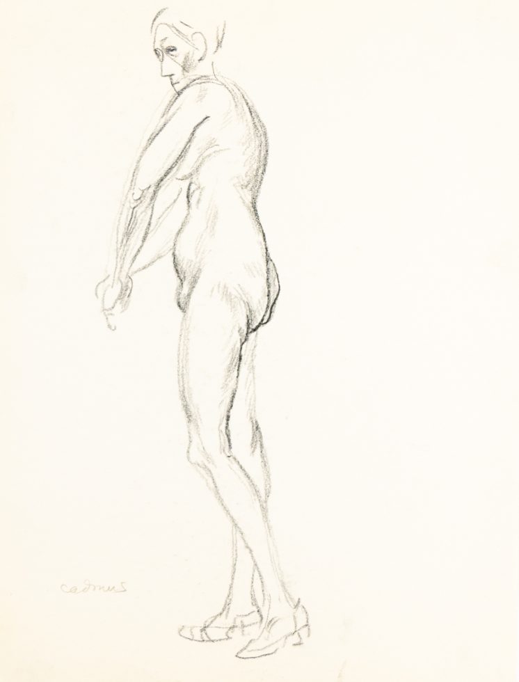 This is a sketch of a posed nude woman standing with heels on.