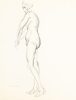 This is a sketch of a posed nude woman standing with heels on.