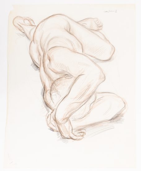 This is a sketch of a nude man laying on his side, facing away.