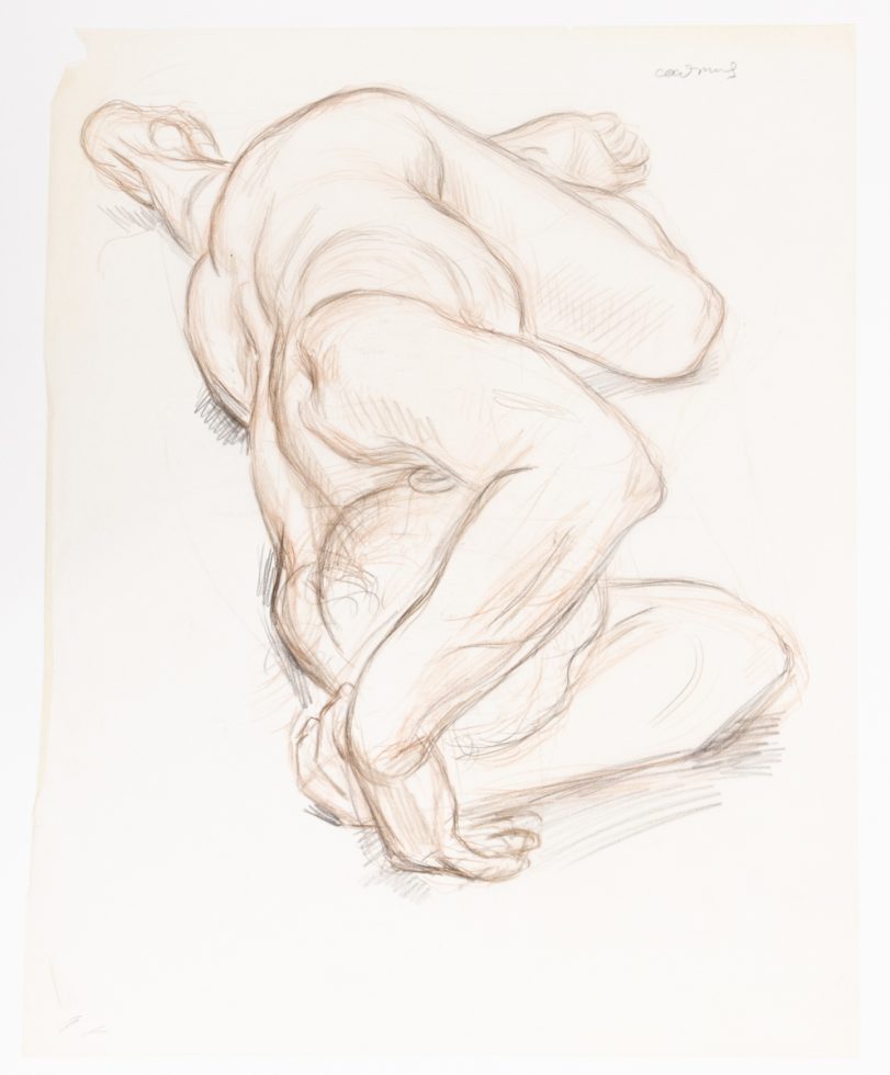This is a sketch of a nude man laying on his side, facing away.