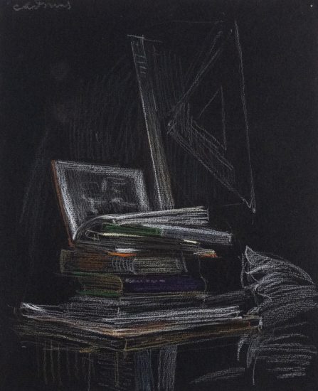 This is a sketch of a stack of books done in color crayon on black paper.