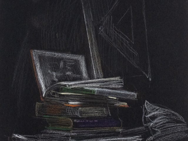 This is a sketch of a stack of books done in color crayon on black paper.