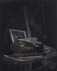 This is a sketch of a stack of books done in color crayon on black paper.