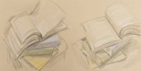 This is a sketch of two stacks of books with the top on being open.