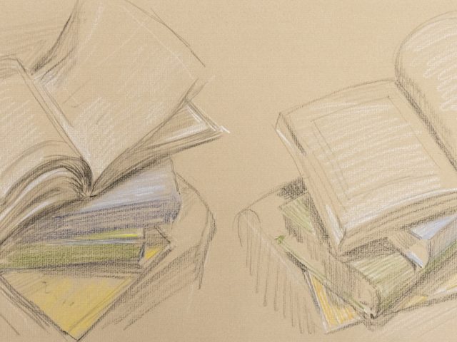 This is a sketch of two stacks of books with the top on being open.