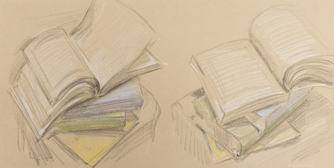 This is a sketch of two stacks of books with the top on being open.