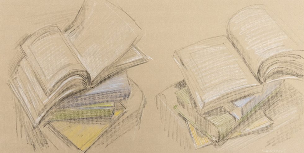 This is a sketch of two stacks of books with the top on being open.
