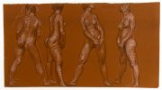 This is a sketch on orange paper of a nude woman in 4 different poses.