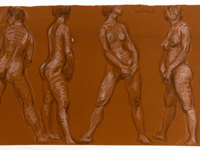 This is a sketch on orange paper of a nude woman in 4 different poses.