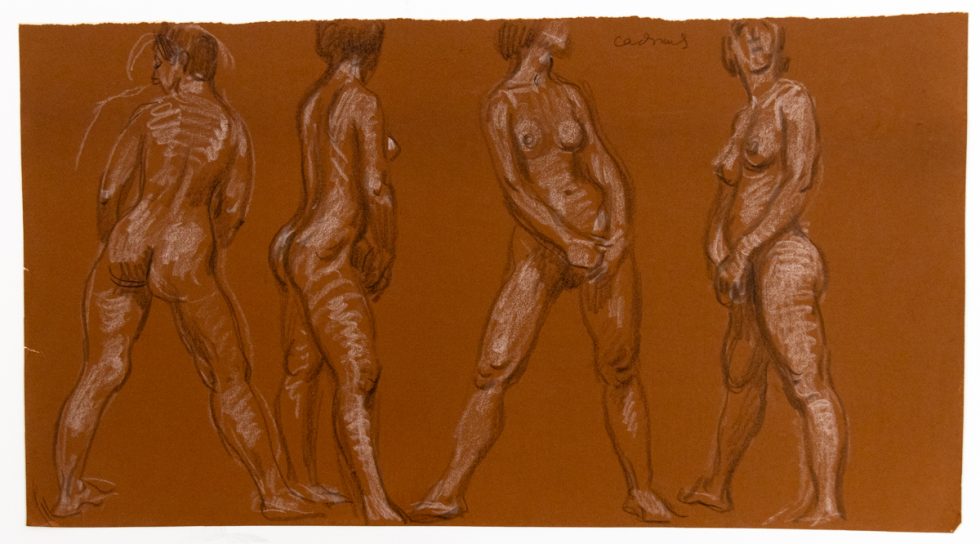 This is a sketch on orange paper of a nude woman in 4 different poses.