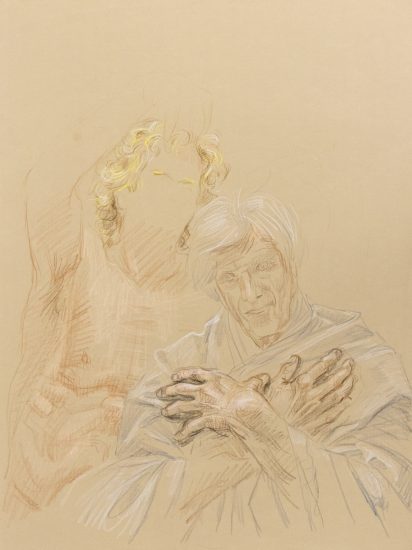 Crayon drawing of two figures with one in front with his arms crossed on his chest.