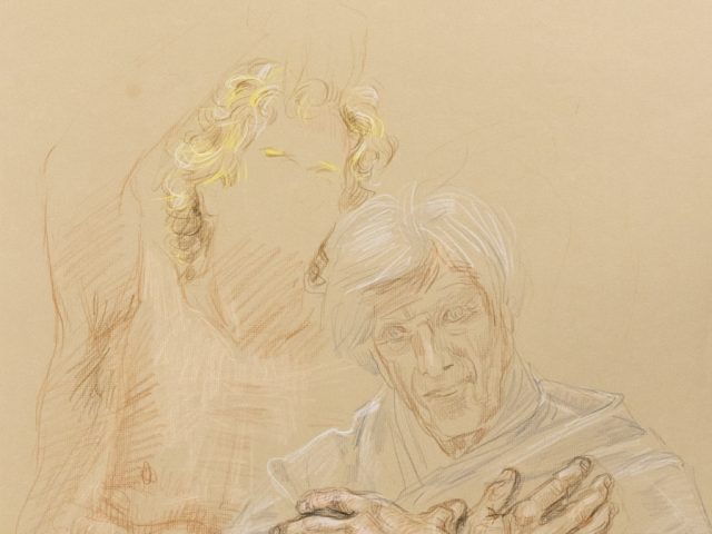 Crayon drawing of two figures with one in front with his arms crossed on his chest.