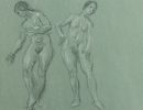 This is a sketch of two nude women side-by-side leaning away from each other.