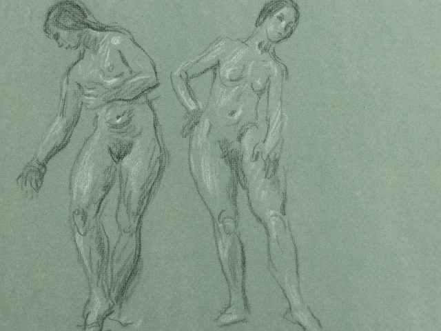 This is a sketch of two nude women side-by-side leaning away from each other.