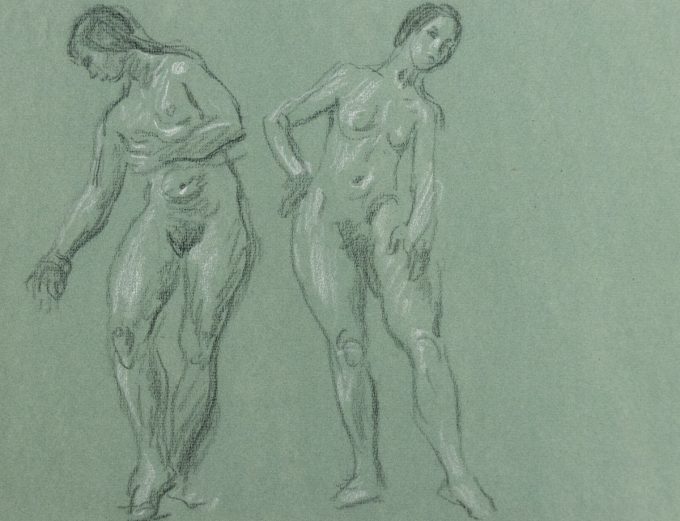This is a sketch of two nude women side-by-side leaning away from each other.