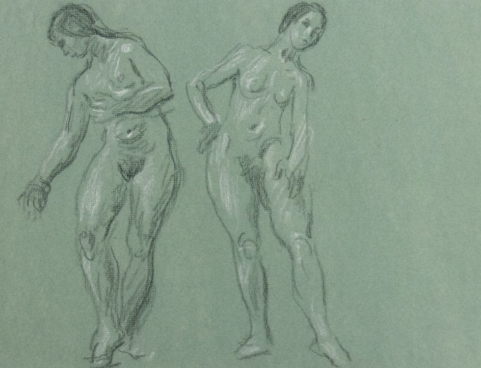 This is a sketch of two nude women side-by-side leaning away from each other.