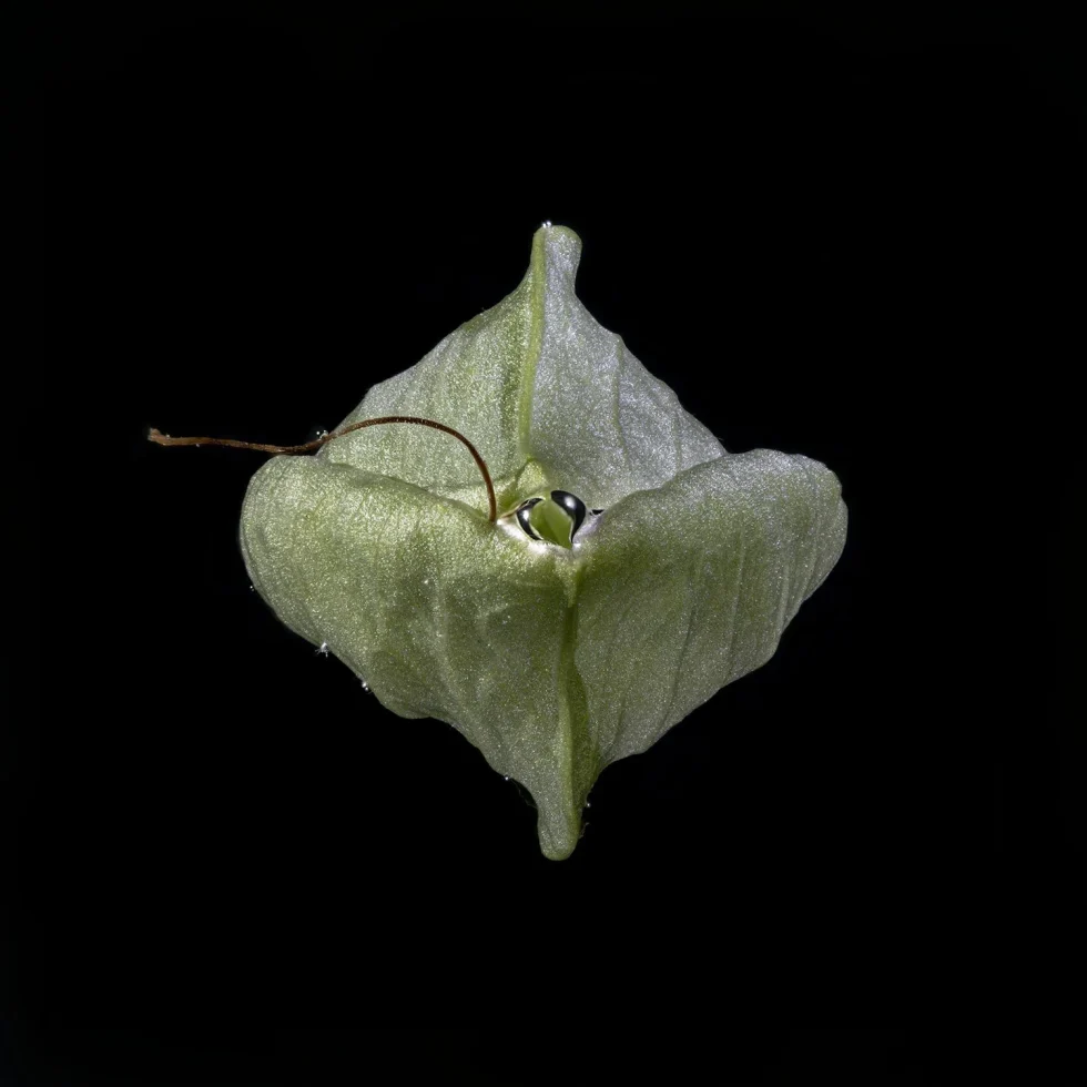 This photograph shows the green pod of a Calystegia Sepium (Hedge Bindweed), against a black background.