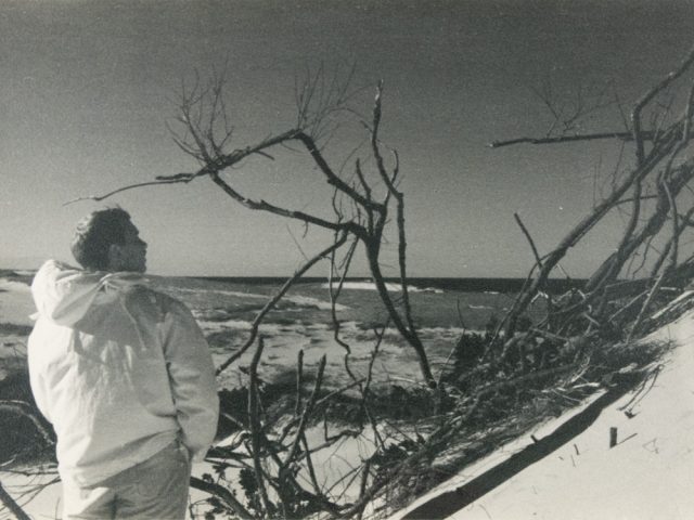 In this vintage silver print, a man wearing a white jacket is shown standing on the beach and overlooking a large driftwood tree.