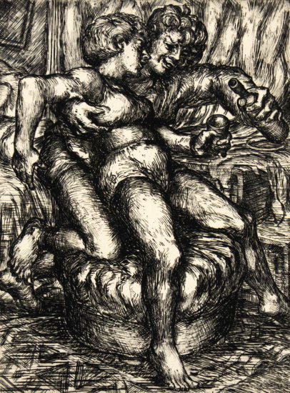 In this engraving, two figured leans against one another. The one in the back pours alcohol into a glass held by the person in the front.