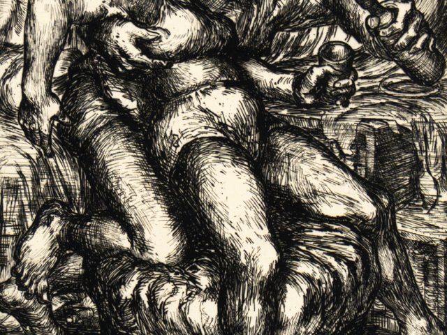In this engraving, two figured leans against one another. The one in the back pours alcohol into a glass held by the person in the front.