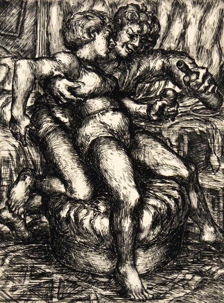 In this engraving, two figured leans against one another. The one in the back pours alcohol into a glass held by the person in the front.