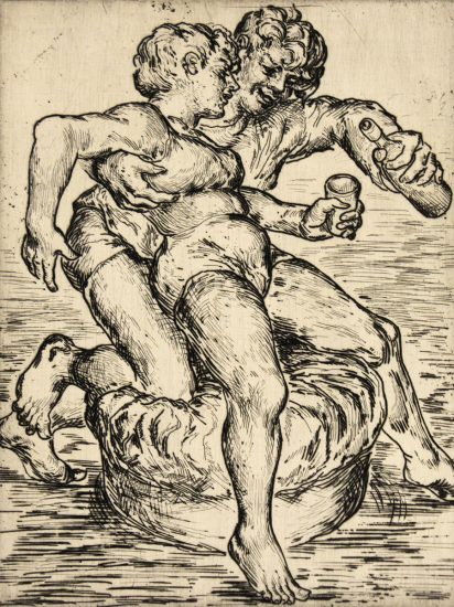 In this engraving, two people are depicted, one leaning backwards against the other, who pours them a cup of alcohol.