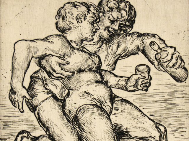 In this engraving, two people are depicted, one leaning backwards against the other, who pours them a cup of alcohol.
