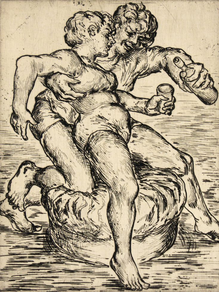 In this engraving, two people are depicted, one leaning backwards against the other, who pours them a cup of alcohol.