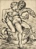 In this engraving, two people are depicted, one leaning backwards against the other, who pours them a cup of alcohol.