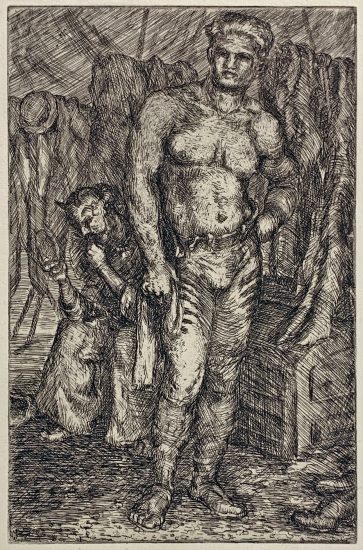 In this etching, the figure of a shirtless acrobat stands in a dark room, surrounded by other performers.