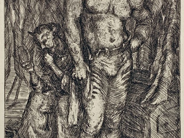 In this etching, the figure of a shirtless acrobat stands in a dark room, surrounded by other performers.