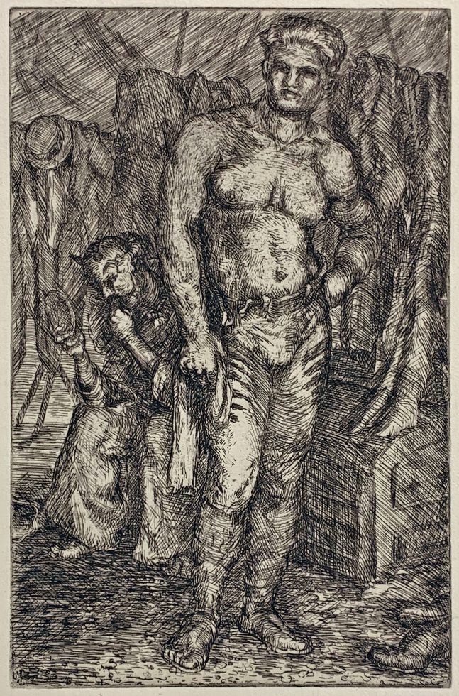In this etching, the figure of a shirtless acrobat stands in a dark room, surrounded by other performers.