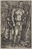 In this etching, the figure of a shirtless acrobat stands in a dark room, surrounded by other performers.