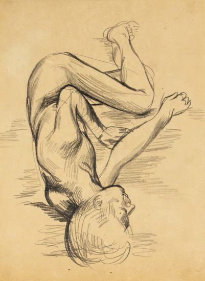 This is a pencil sketch of a nude man laying down.