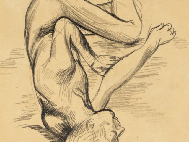 This is a pencil sketch of a nude man laying down.