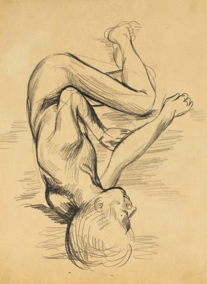 This is a pencil sketch of a nude man laying down.