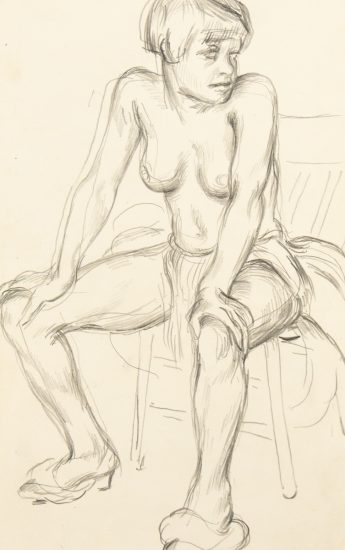 This is a pencil sketch of a nude woman sitting.