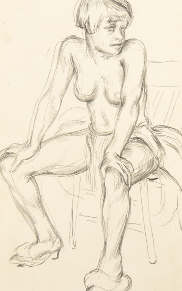 This is a pencil sketch of a nude woman sitting.