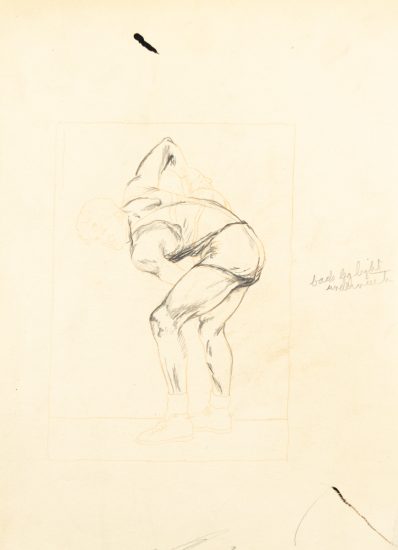 This is a pencil sketch of a man holding a medicine ball.