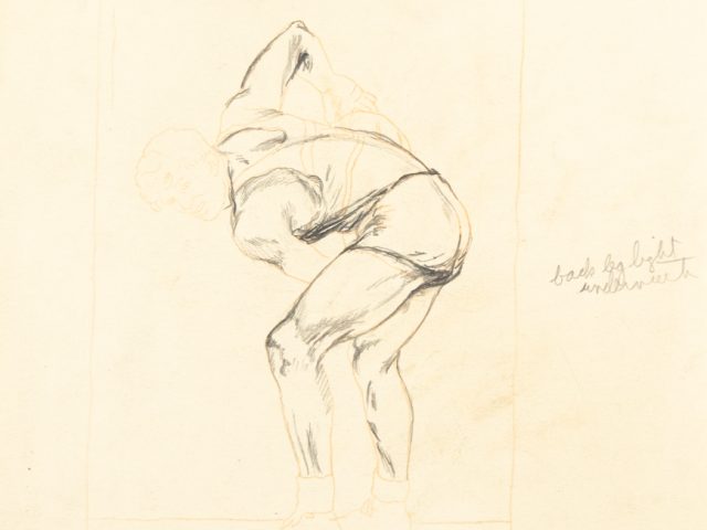 This is a pencil sketch of a man holding a medicine ball.