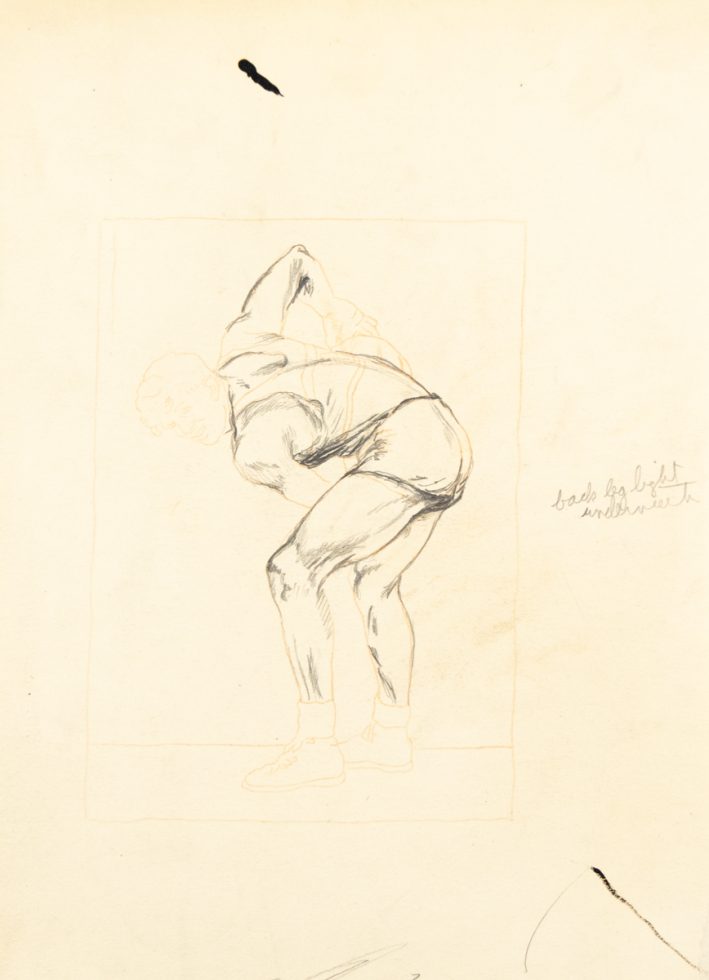 This is a pencil sketch of a man holding a medicine ball.