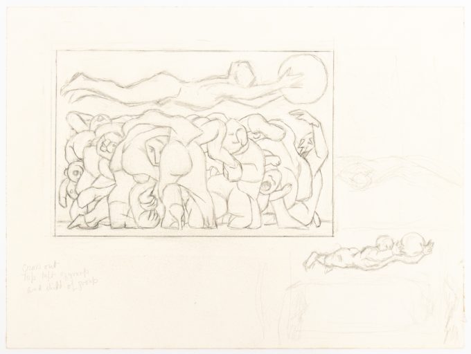 A pencil sketch of human figures crowded together with a person floating on top holding a ball.