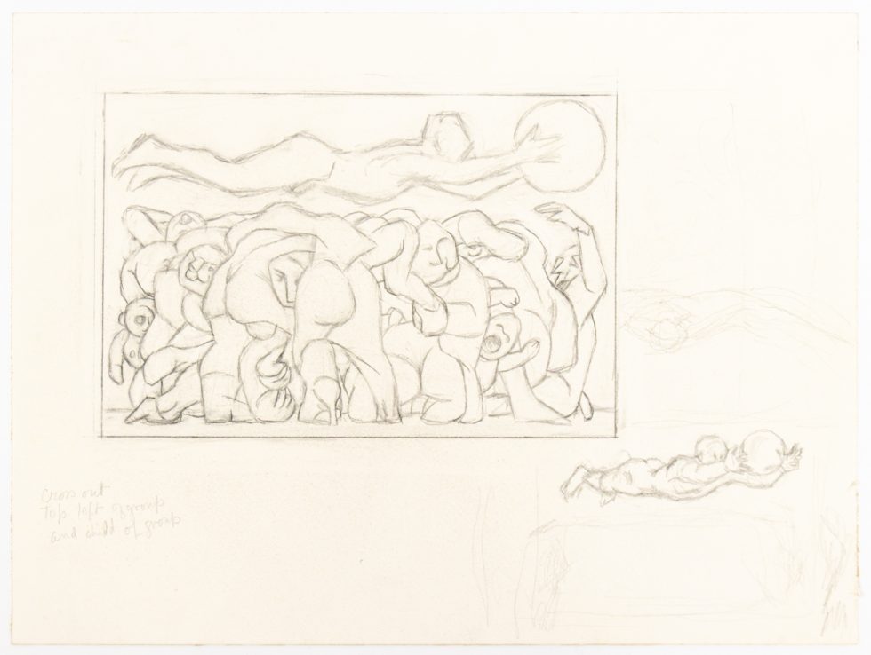 A pencil sketch of human figures crowded together with a person floating on top holding a ball.