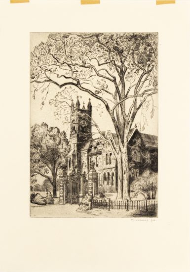 In this vertical drawing, a church is pictured. A tree in the foreground grows high into the frame, over the church.