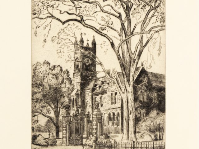 In this vertical drawing, a church is pictured. A tree in the foreground grows high into the frame, over the church.