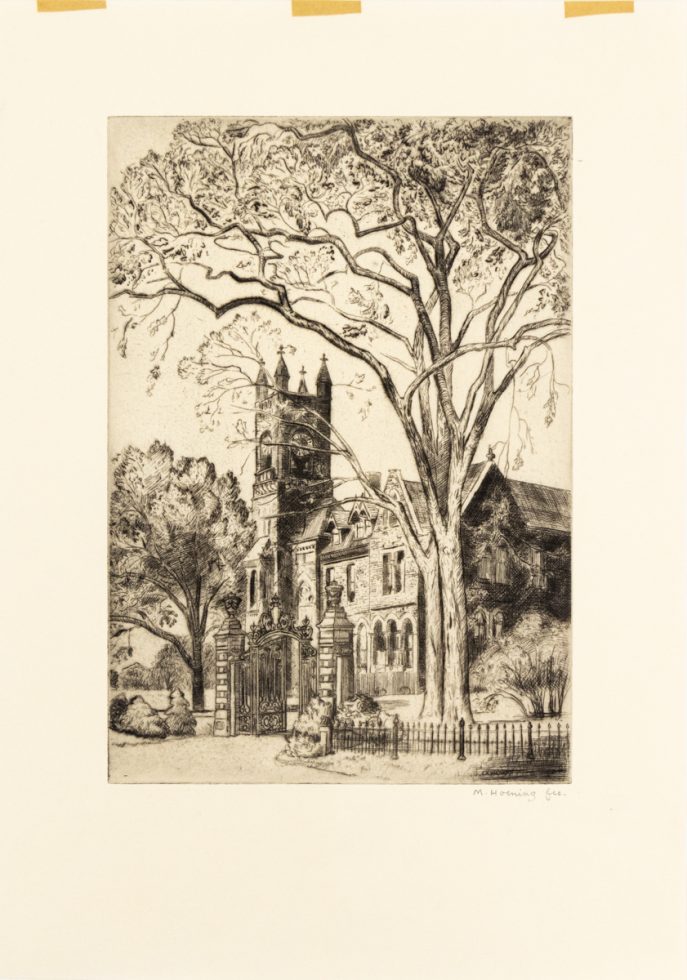 In this vertical drawing, a church is pictured. A tree in the foreground grows high into the frame, over the church.