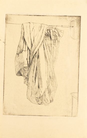 In this etching, a jumble of fabric hangs from a line.