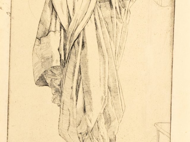 In this etching, a jumble of fabric hangs from a line.