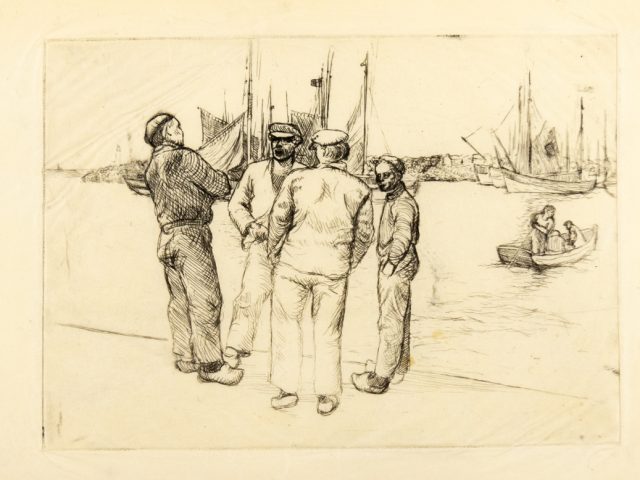In this etching, four man stand in a circle on the edge of a harbor. In the water, a small boat sails towards them.